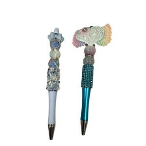 Set of 2 Beadable Click Pens Blue & White Rhinestone Angel Wings Charm gift
